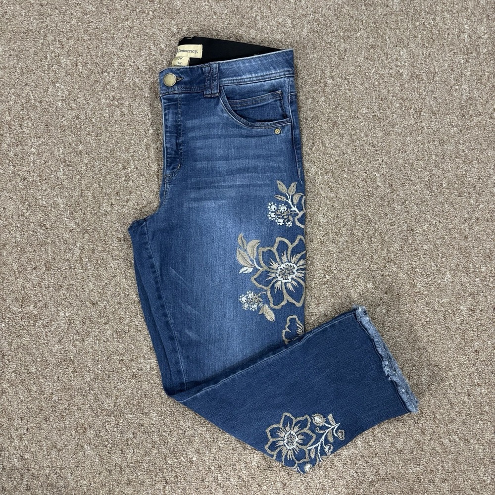 Democracy "Ab"solution Floral Embroidered Cropped Jeans - Size 14 Boho Fringe